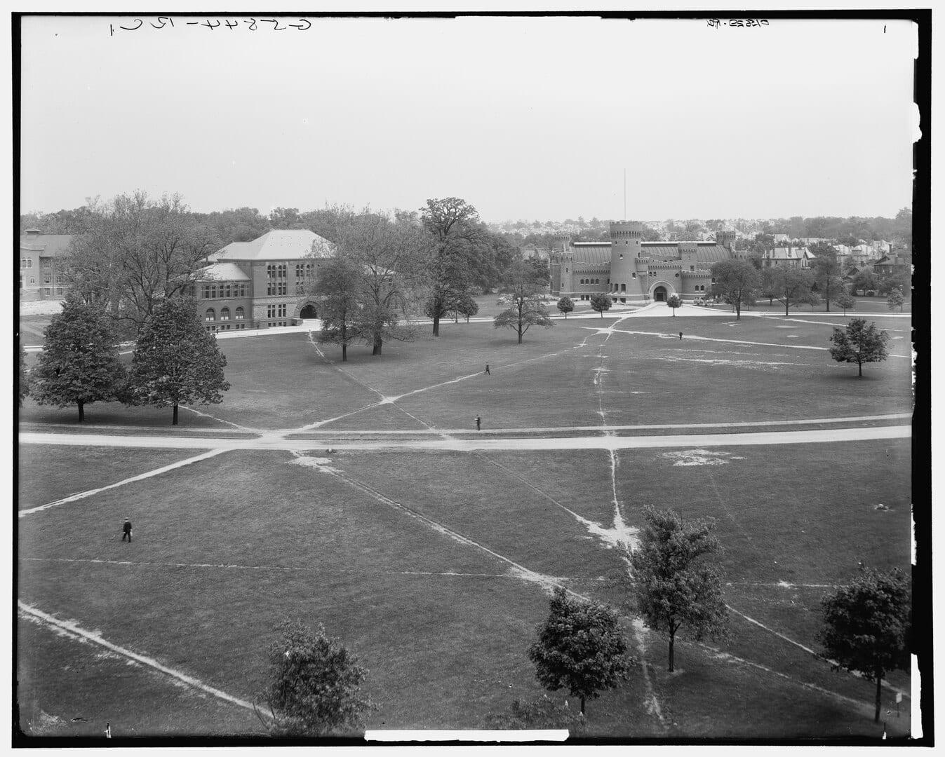 A photo from high ground showing a green between buildings at a university, with some paved paths and a myriad of unpaved, clearly visible, downtrodden, highly used paths.